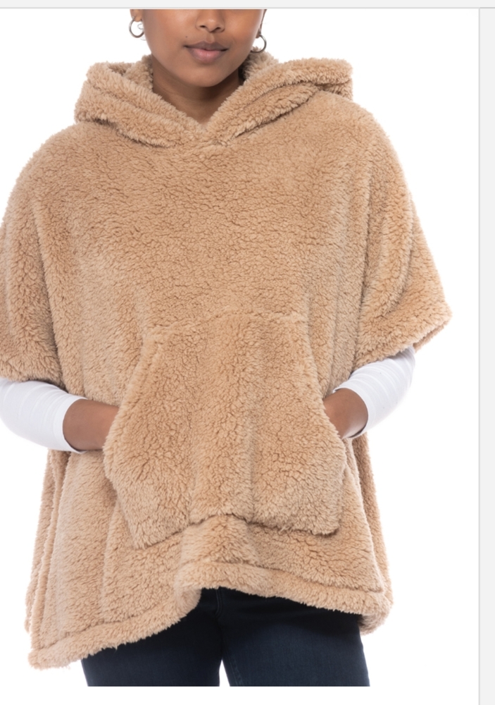 Jenni Women's Hooded Sherpa Pocket Poncho Sweater Kangaroo Pockets - $80
